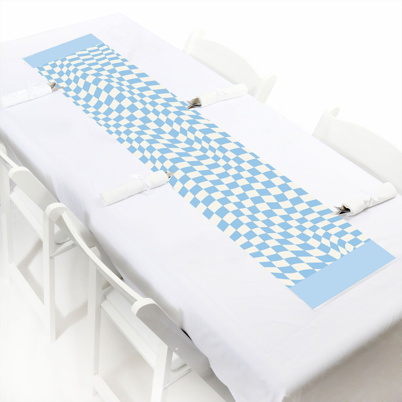 Big Dot of Happiness Blue Checkered Party - Petite Paper Table Runner - 12 x 60 inches